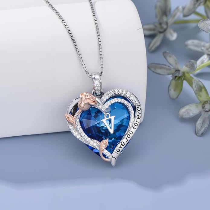 PELOVNY Rose Heart Initial Necklaces for Women S925 Sterling Silver Alphabet Letter Crystal Necklace Initial Pendant Jewelry Gifts for Mom Daughter Wife