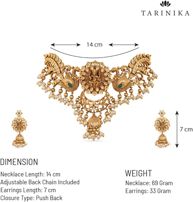 TARINIKA Brass Indian Choker Necklace Set - Gold Plated Cubic Zirconia Indian Jewelry Sets for Women Dangle, Drop, Jhumka Earrings Traditional Desi Necklace Pearls Gift for her