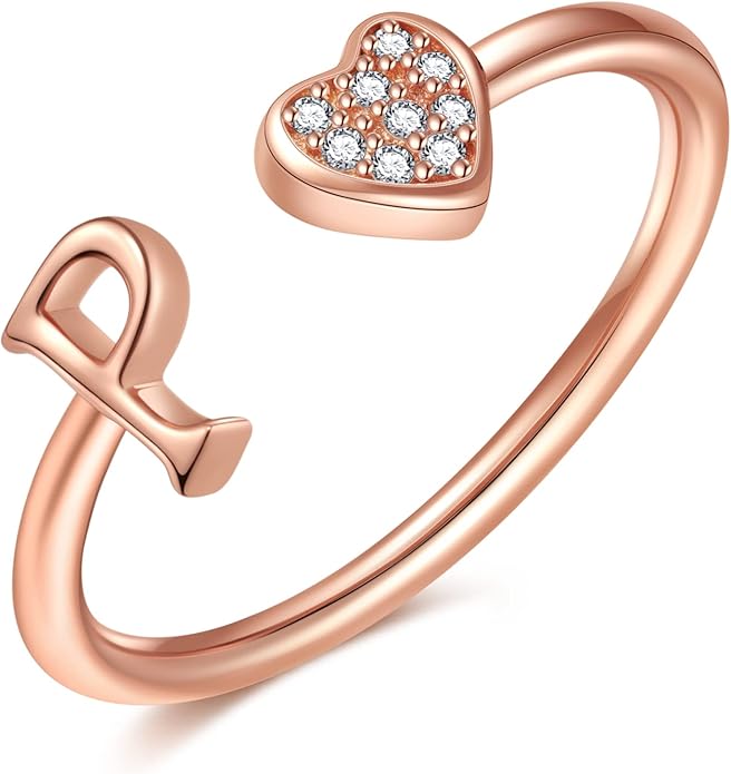 Valentines Day Gift Initial Rings for Teen Girls - S925 Heart Sterling Silver Rings for Teen Girls | 14K Gold/Rose Gold/Sterling Silver Plated Ring for Girls Kids Women Ring for Teenager Girls Gifts Adjustable, No Tarnish, Hypoallergenic