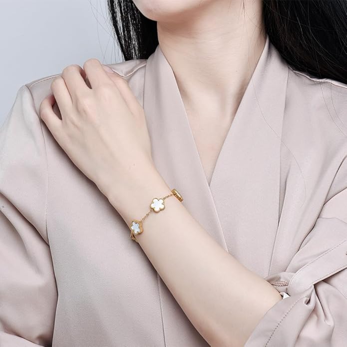 18K Gold-Plated Four Leaf Clover Bracelet for Women,Adjustable lucky Bracelet Set Jewelry Gift-Hypoallergenic Charm for Birthdays, Wellness & Daily Wear