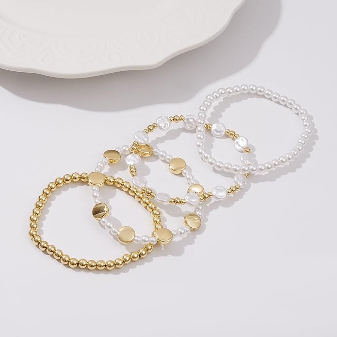 Gold Plated Beaded Bracelets for Women Trendy, 14K Gold Plated Stack Cross Pearl Gold Plated Bead Stretch Bracelets Set Elastic Hypoallergenic Bracelets Jewelry Gifts