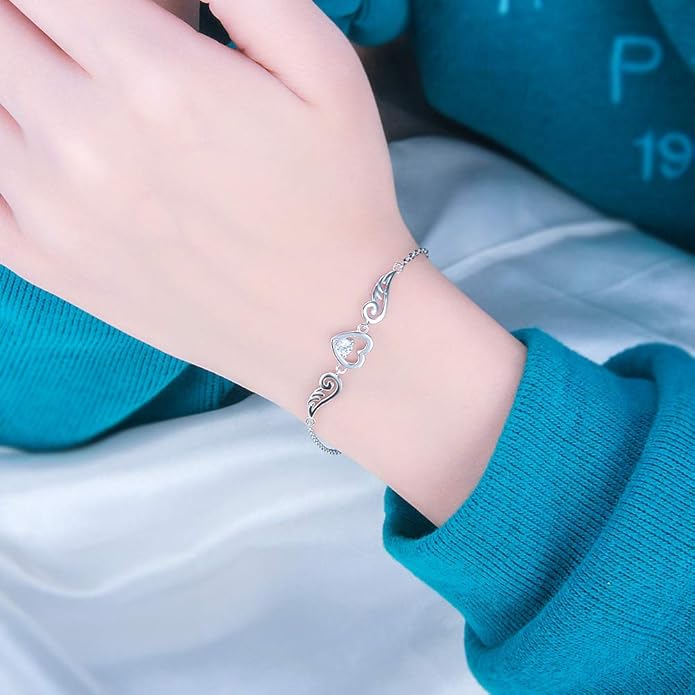 925 Sterling Silver Guardian Angel Wings Bracelets for Women, CZ Design Heart Adjustable Chain Bracelets for Jewelry