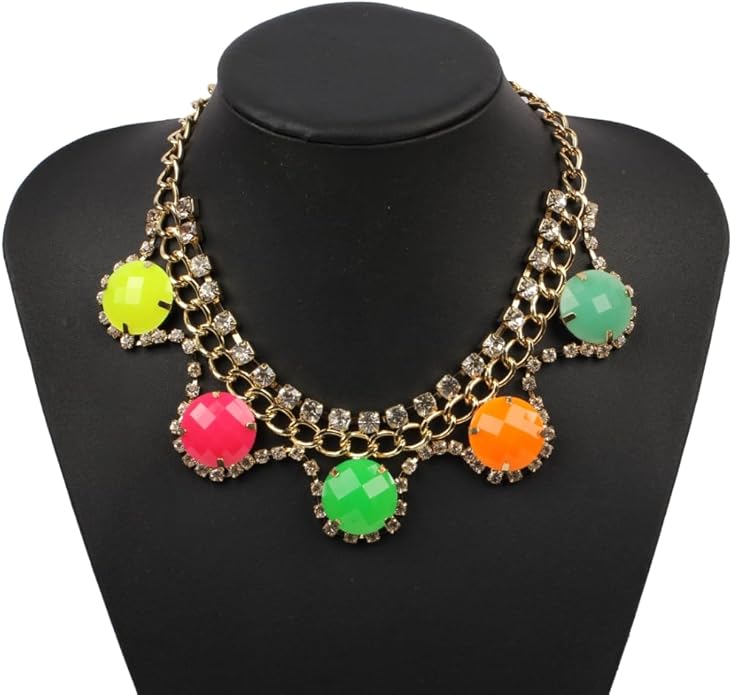 Colorful Round Pendant Necklace for Women Gold Color Chain Glass Crystal Rhinestone Bead Statement Ladies Metal Alloy Jewelry