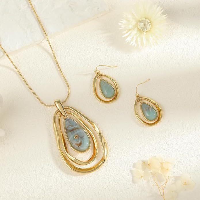Madison Tyler Gold Plated Jewelry Set for Women | Silver Teardrop Pendant Necklace Trendy | Long Necklace with Snake Chain | Fashion Dangle Earring Set