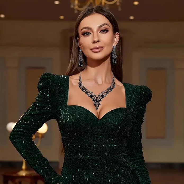 Bridal Bridesmaid Austrian Crystal Jewelry Set, Floarl rhinestone Statement Neckace Teardrop Necklace Drop Dangle Earrings Set
