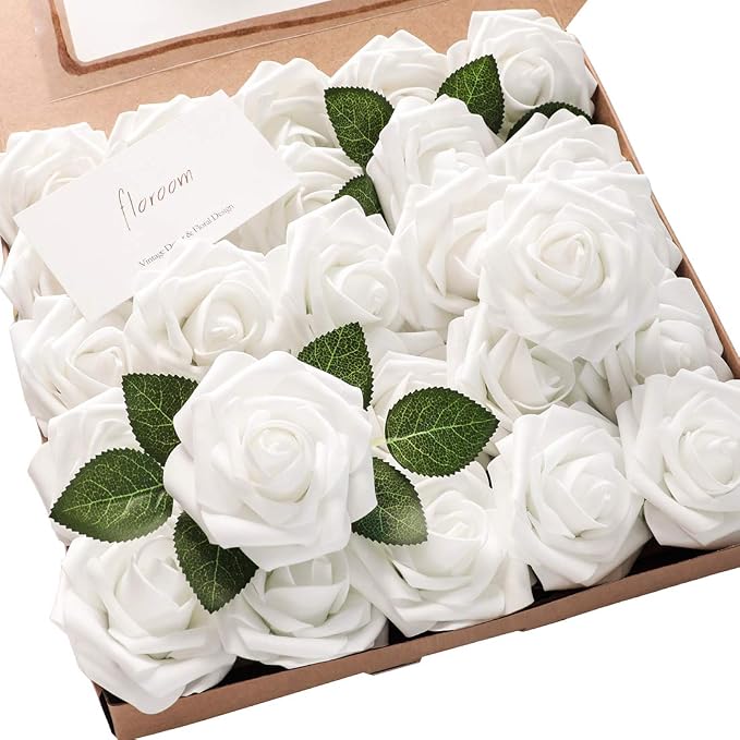 Artificial Flowers 25pcs Real Looking White Foam Fake Roses by Floroom