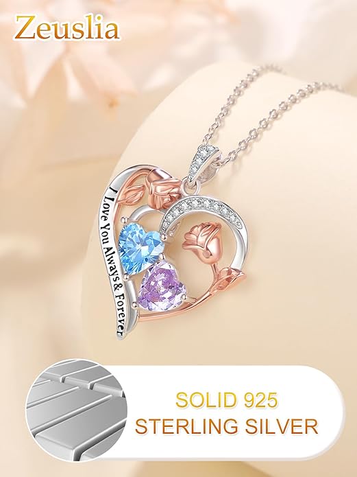 Valentine's Day Gifts for Wife 925 Sterling Silver Double Birthstone Pendant Necklaces I Love You for Always and Forever Necklace Anniversary Birthday Gifts for Wife Girlfriend Mom Her