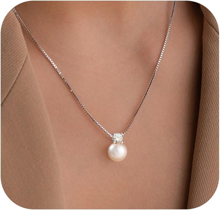 WFYOU Pearl Necklaces for Women Trendy 6MM 8MM 10MM Dainty Round Natural Freshwater Pearl Necklace Silver 14K Gold Plated CZ Pearls Necklaces for Women Birthday Bridesmaid Wedding Gifts Pearl Jewelry