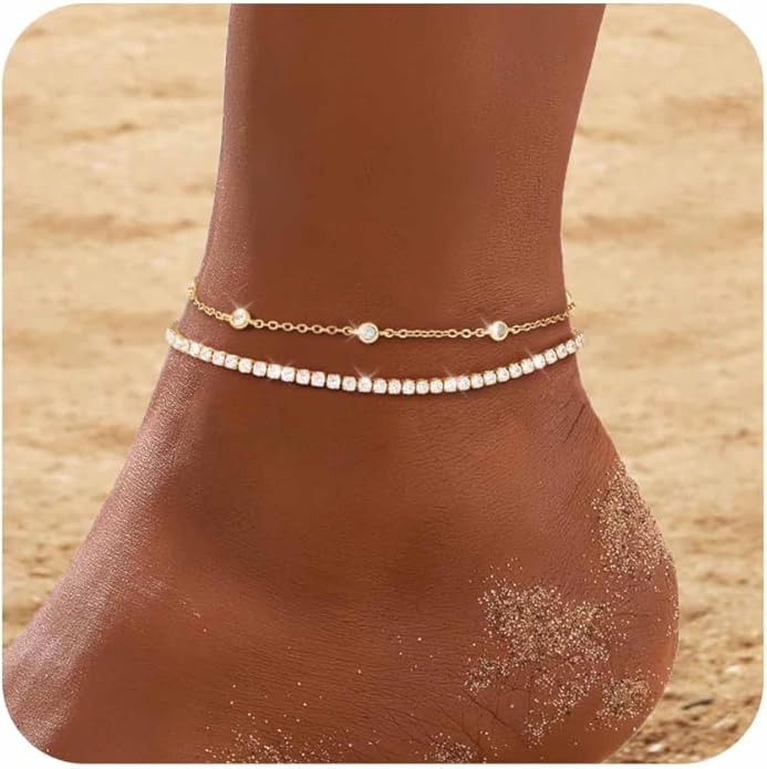 RLMOON Gold Anklets for Women CZ Ankle Bracelet 14K Gold/Silver Plated Waterproof Dainty Layered Tennis Heart Dot Chain Silver Anklets Trendy Foot Jewelry