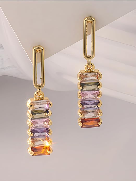 Colorful Zircon Dangle Earrings for Women18K Gold Plated Geometric Square Rainbow Sparkling Crystal S925 Sterling Silver Posts Hypoallergenic Dainty Multicolour Gemstone Drop Earrings
