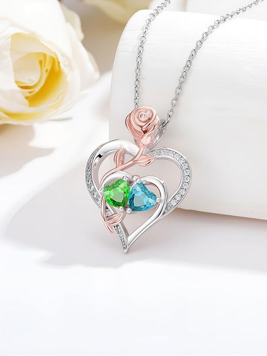 Rose Flower Heart Pendant for Women Birthday Gifts 18k Gold Plated Mother Daughter Necklace with 12 Months Birthstone Christmas Valentines Day Gifts for Her Mom Anniversarry Jewelry for Mom Wife Girlfriend
