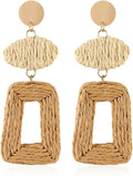 Handmade Raffia Hoop Earrings Statement Tropical Bohemian Straw Dangle Earrings Natural Rattan Vacation Style Round Earrings for Women Summer Beach Party Essential Jewelry
