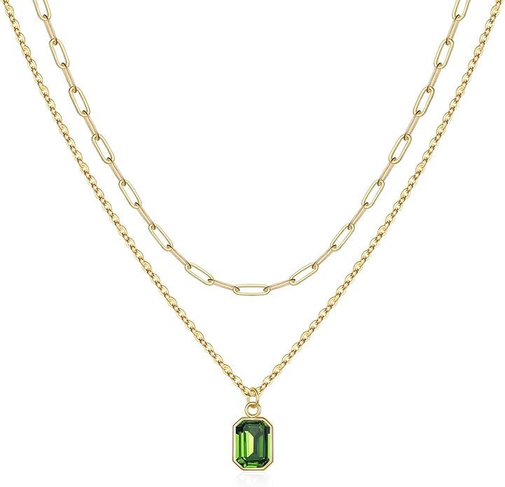 Layered Birthstone Necklace for Women Girls, 14K Gold-Plated Paperclip Chain Choker Necklace with Rectangle Birthstone Pendant Birthday Gifts for Women Girls Dainty Small