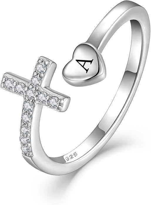 STARCHENIE Cross Initial Ring for Women 925 Sterling Silver Letters A-Z 26 Alphabet Adjustable Ring Size 7