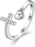 STARCHENIE Cross Initial Ring for Women 925 Sterling Silver Letters A-Z 26 Alphabet Adjustable Ring Size 7