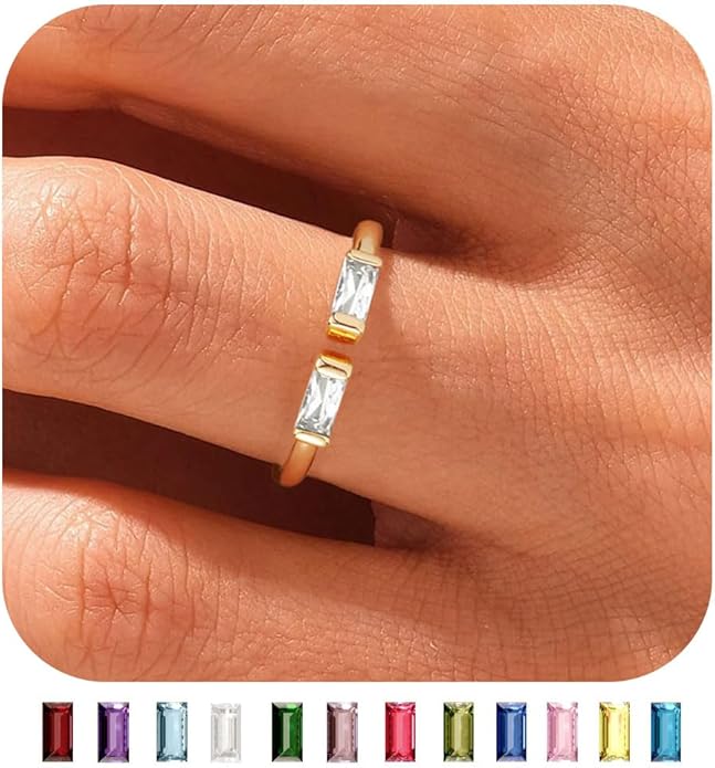 WFYOU Gold Birthstone Rings for Women - Non Tarnish Dainty 14K Gold Plated Stackable CZ Rings for Her & Couples - Personalized Jewelry Gift for Birthday