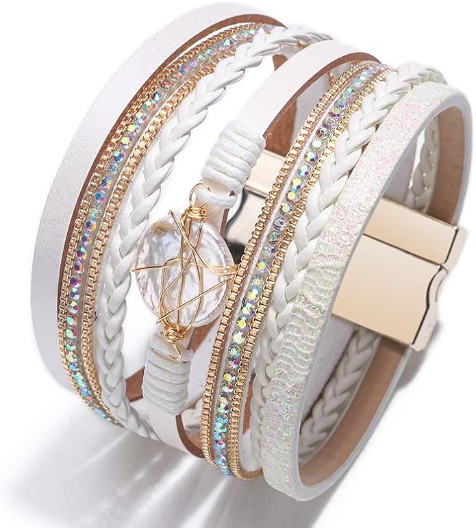 Fesciory Leopard Bracelet for Women, Boho Leather Wrap Multi-Layer Pearl Crystal Bracelet Bangle Jewelry