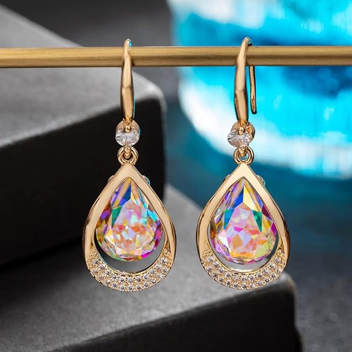 Austrian Crystal Halo Teardrop Hollow Drop Dangle Earrings for Women 14K Rose Gold Plated Hypoallergenic Jewelry Gifts