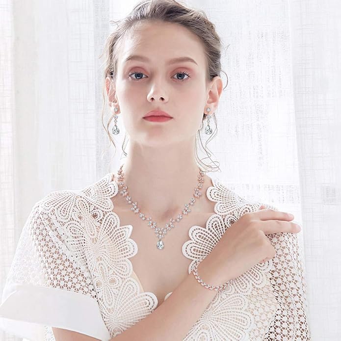 Hadskiss Jewelry Set for Women, Necklace Dangle Earrings Bracelet Set with White AAA Cubic Zirconia, Allergy Free Wedding Party Jewelry for Bridal Bridesmaid