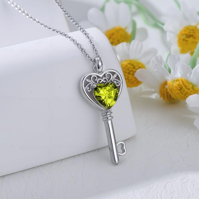 WSX Heart Key Birthstone Necklace for Women 925 Sterling Silver Love Key Pendant with Birthstone Valentine's Day Anniversary Jewelry Gift for Her
