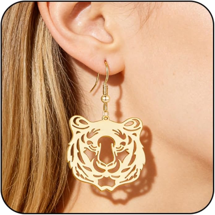 WCRAZYE Tiger Head Earrings for Women, Lightweight Gold, Football Team Spirit Mascot, Animal Inspired Game Day Jewelry