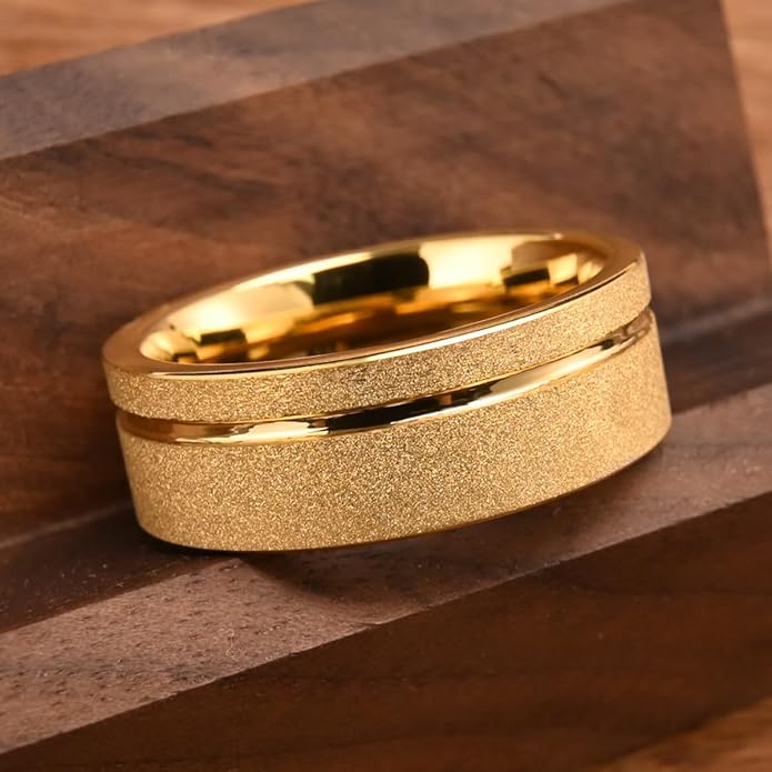Golden Tungsten Carbide Ring for Men Women 8mm/6mm Sandblasted Inlaid Groove Men's Engagement Wedding Bands Fashionable and Luxurious