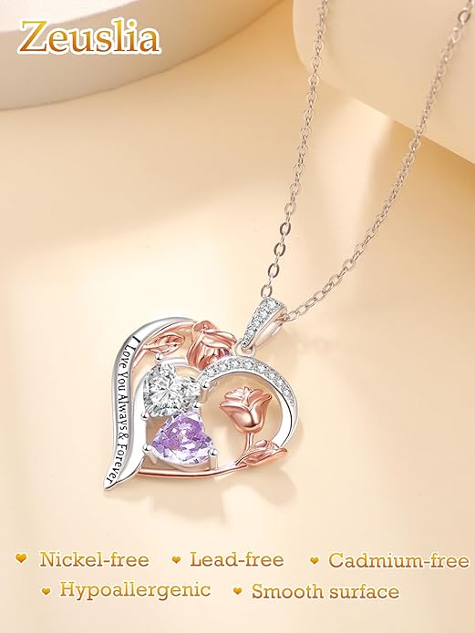 Valentine's Day Gifts for Wife 925 Sterling Silver Double Birthstone Pendant Necklaces I Love You for Always and Forever Necklace Anniversary Birthday Gifts for Wife Girlfriend Mom Her