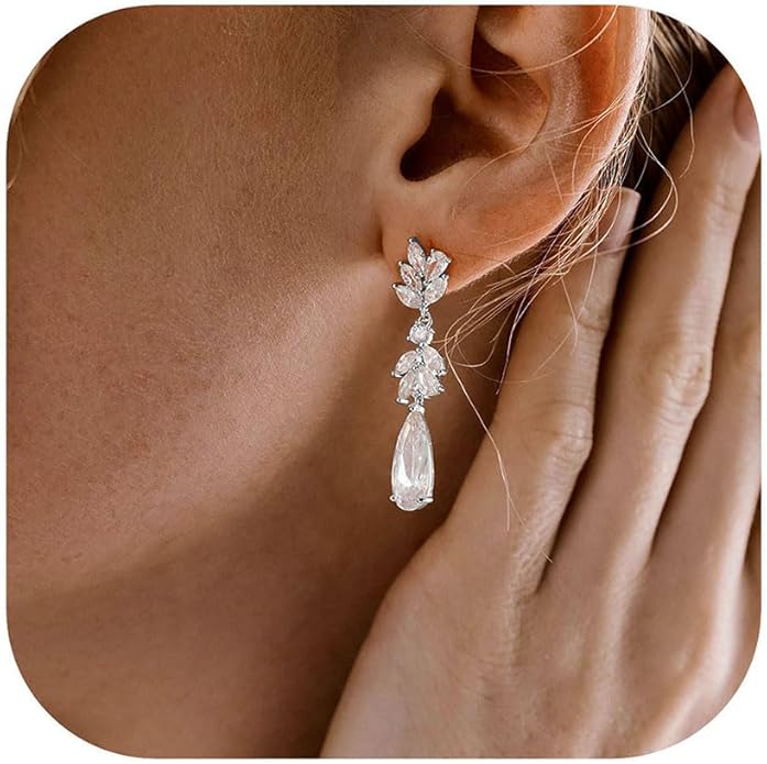 Dangle Drop Earrings for Women Wedding Bridal Rhinestone Long Cubic Zircon Dangling Crystal Chandelier Sparkly 14K Gold Plated Dainty Trendy Jewelry