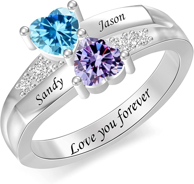 Personalized Heart Birthstone Rings for Women with 2 Birthstones Custom Name Rings for Couple Mother Daughter Jewelry Gift for Mother Her Christmas
