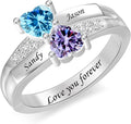 Personalized Heart Birthstone Rings for Women with 2 Birthstones Custom Name Rings for Couple Mother Daughter Jewelry Gift for Mother Her Christmas