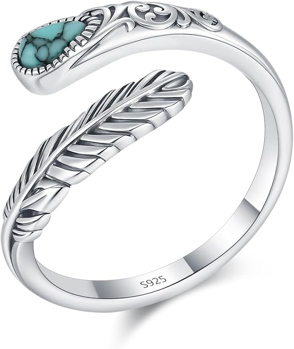 Turquoise/Moss Agate/Moonstone/Black Onyx/Lapis Lazuli/Labradorite/Tiger Eye Feather Ring 925 Sterling Silver Adjustable Ring Western Thumb Rings Vintage Jewelry Gifts for Women