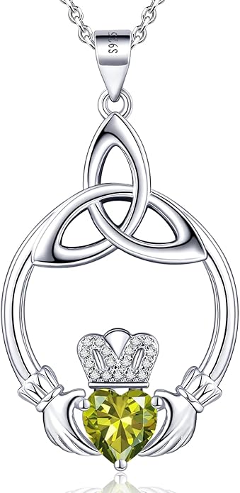 Gift Birthstone Necklaces for Women 925 Sterling Silver Irish Claddagh Necklace for Women Heart Birthstone Pendant Necklace Anniversary Birthday Gifts for Wife Lady Cable Chain 18"+2"