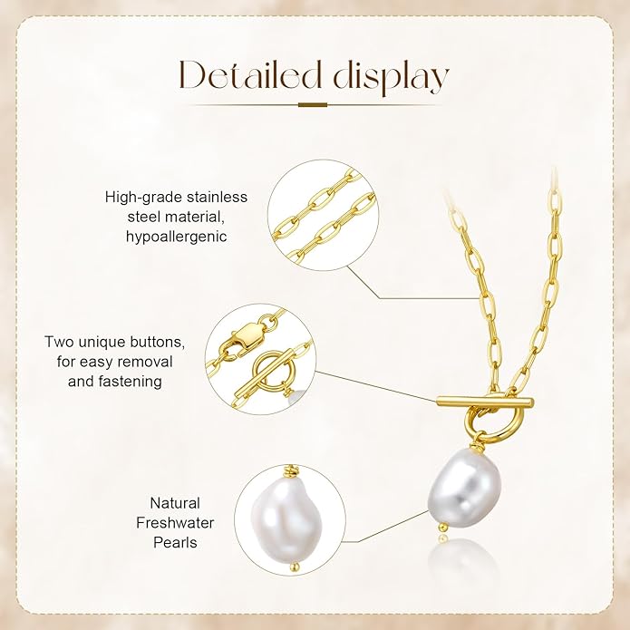 Baroque Pearl Pendant Necklaces for Women, 14K Gold Sliver Plated Adjustable Chain Toggle Clasp Necklace Women Anniversary Jewelry for Mothers Day Christmas Birthday Valentine's Day Gifts (14k Gold)