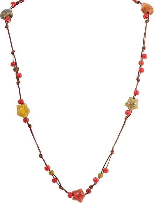 MINACHI Hippie Bohemian Colorful Ceramic Bead Long Strand Necklace, Boho Hippie Beach Summer Statement Jewelry Gift for Women