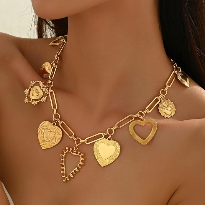 Chunky Gold Necklace Big Heart Necklace for Women Silver Large Statement Necklaces Thick Bold Chain Puffy Love Heart Charm Necklaces for Women with OT Toggle Silver Chunky Gold Jewelry Trendy Valentine's Day Gift