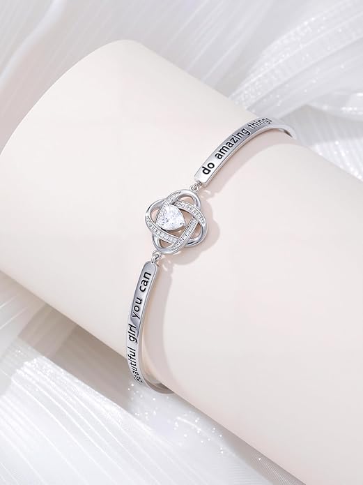 Valentines Day Gifts for Her, 18k White Gold Plated Love Knot Bracelets, Engraved Inspirational and Sentiment Bangle, Anniversary Birthday Jewelry Gift for Lover Wife Girlfriend Sister Friends