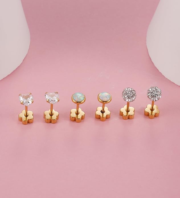 4Pairs 14K Gold Stud Earrings for Women Girls 316L Stainless Steel Hypoallergenic Earrings 20G Flat Back Handmade Nap Earrings Cute Screw Back Opal Heart Star Cartilage Earrings