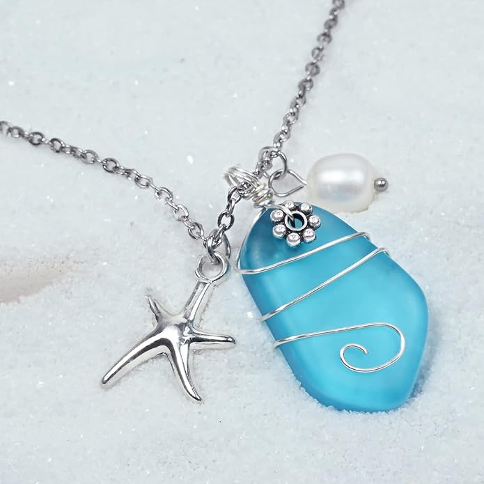 Sea Glass Necklace, Wire Wrapped Beach Necklaces, Sea Glass Jewelry, Handmade Blue Beach Jewelry for Women Trendy