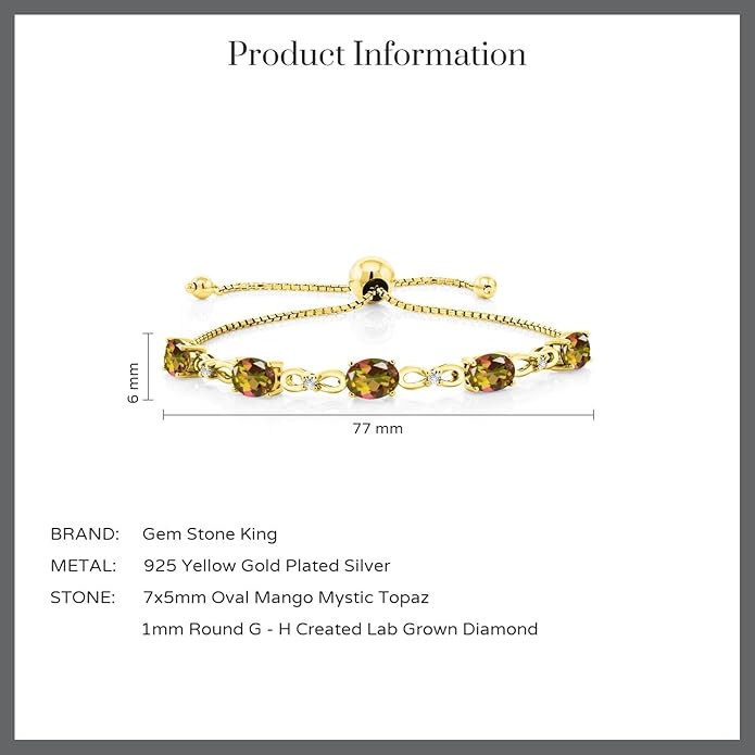 Gem Stone King 7X5MM Oval Cut Gemstone Birthstone and Accent Lab Grown Diamond Tennis Bracelet For Women In 18K Yellow Gold Plated Silver | Adjustable Bolo Bracelet For Women | Easy-On Easy-Off
