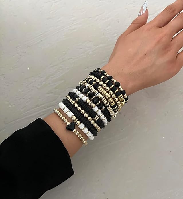iF YOU 13pcs Heishi Clay Beaded Stretch Bracelets for Women, Boho Gold Surfer Stackable Bracelet Stacks White Brown Black Beach Jewelry