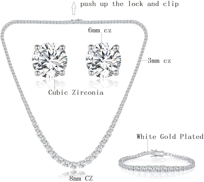 Gemsme 18K White Gold Plated Tennis Necklace/Bracelet/Earrings/Band Ring Sets Hypoallergenic Jewelry Pack of 4