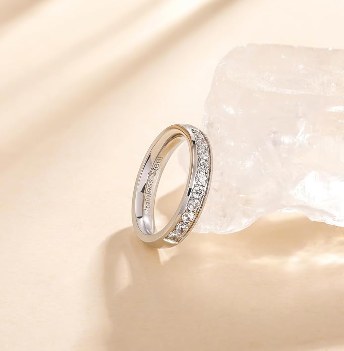 TIGRADE 3.5mm Engagement Ring Half Cubic Zirconia Stainless Steel Eternity Wedding Band for Women Size 3-12.5