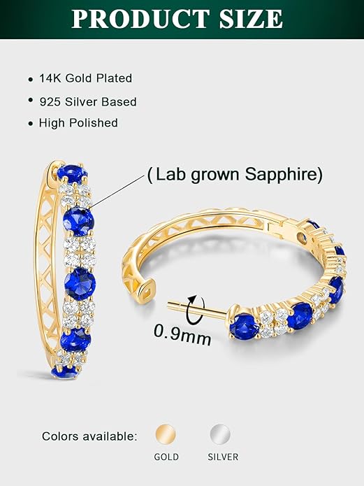 Women's Huggie Hoops with Birthstone 925 Sterling Silver Huggie Stud Hypoallergenic 14K Gold Plated Moissanite Earrings -Emerald Sapphire Ruby Hoop Earrings, Size 20 25mm