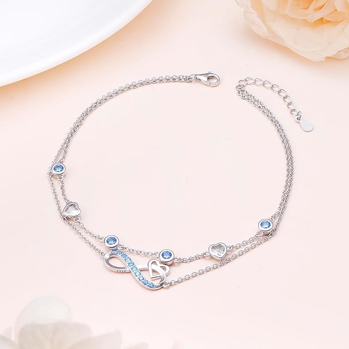 S925 Sterling Silver Infinity Heart Ankle Bracelet Endless Love Symbol Charm Adjustable Jewelry Summer Beach Stylish Gifts for Mom Wife Women