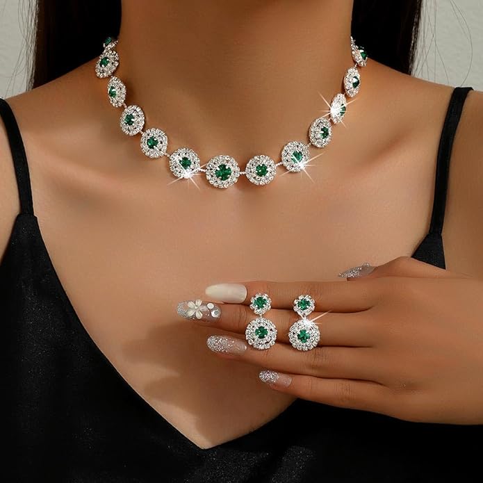 Unicra Bridal Wedding Jewelry Set Silver Rhinestone Necklace Earrings Sets Formal Costume Jewelry for Women and Brides