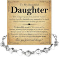 To My Daughter Bracelet, Silver Heart Chain Bracelet with Shiny Stones, Perfect Birthday or Graduation Christmas Gift for Daughter with Message Card and Gift Box