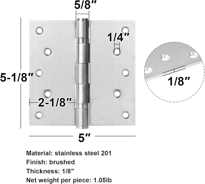 4 Pack 5-1/8" x 5" Square Door Hinges, Stainless Steel Butt Hinges | Load 100 - Image 2