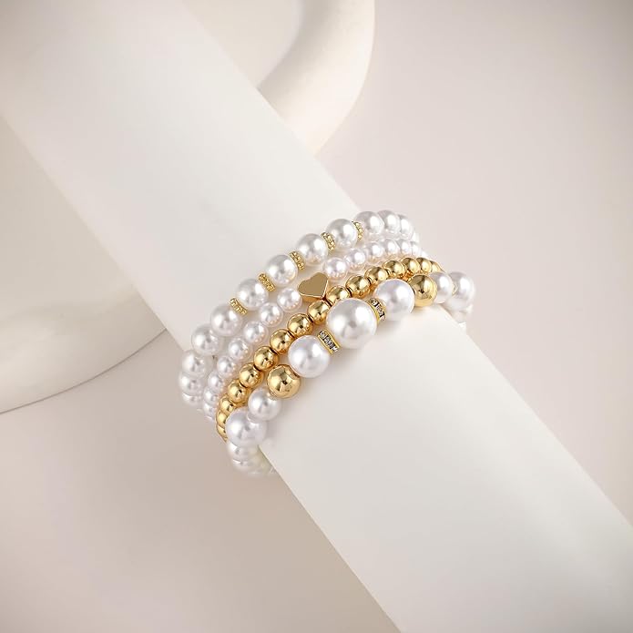 Gold Plated Beaded Bracelets for Women Trendy, 14K Gold Plated Stack Cross Pearl Gold Plated Bead Stretch Bracelets Set Elastic Hypoallergenic Bracelets Jewelry Gifts