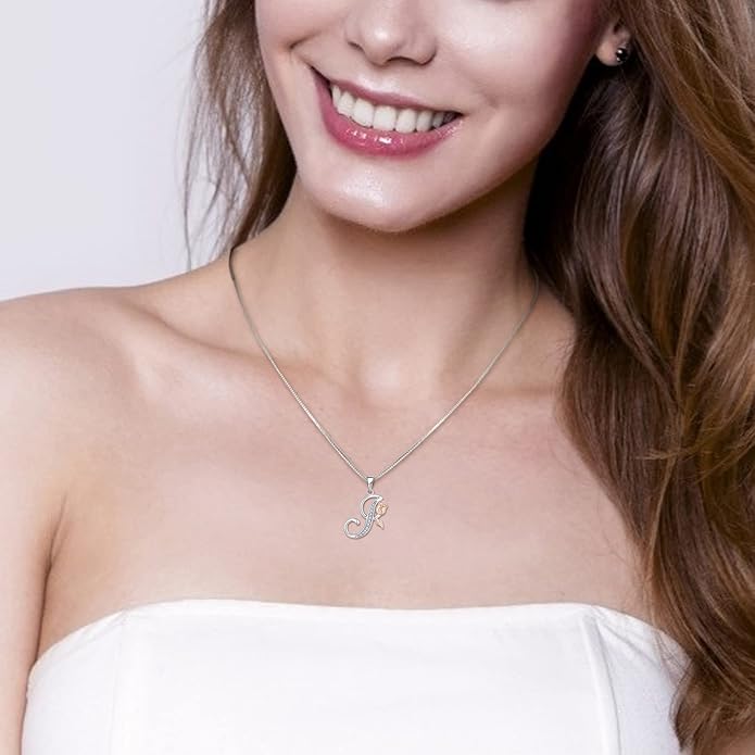 STARCHENIE Initial Necklace for Women Sterling Silver Letters 26 Alphabet Pendant Rose Flower Jewelry Gifts for Family Sisters Friend