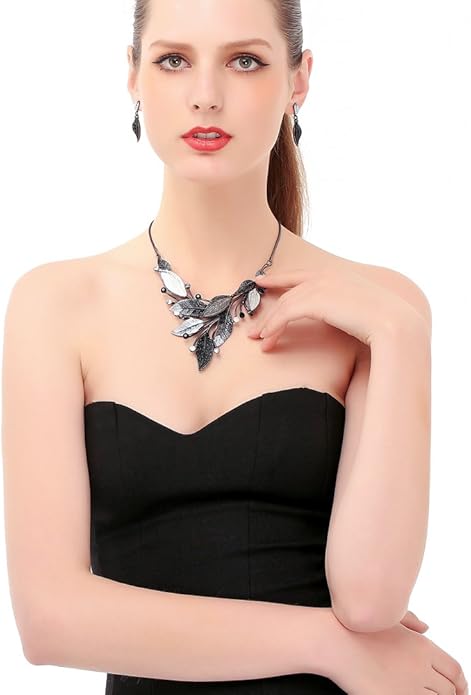 AMYJANE Vintage Statement Jewelry Set - Spring Leaf Flower Floral Plant Necklace Earring Set Crystal Rhinestone Fashion Costume Jewelry for Women Prom Party Unique Gift